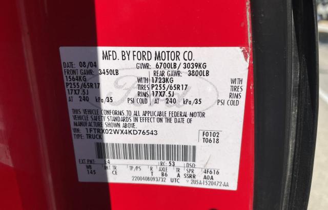 Photo 10 from auction – 2004 FORD F150 with VIN 1FTRX02WX4KD76543