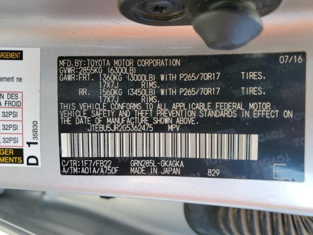 Photo 14 from auction – 2016 TOYOTA 4RUNNER SR with VIN JTEBU5JR2G5362475