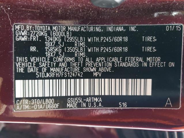 Photo 14 from auction – 2015 TOYOTA HIGHLANDER with VIN 5TDJKRFH7FS124742