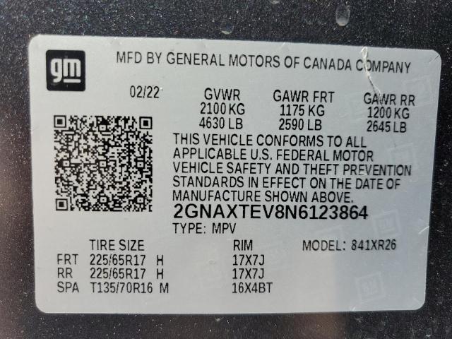 Photo 14 from auction – 2022 CHEVROLET EQUINOX LT with VIN 2GNAXTEV8N6123864