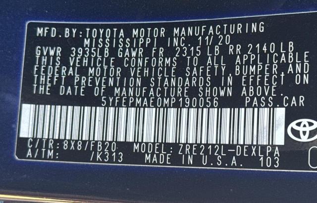 Photo 10 from auction – 2021 TOYOTA COROLLA LE with VIN 5YFEPMAE0MP190056