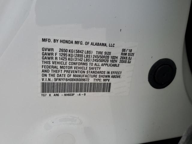 Photo 14 from auction – 2019 HONDA PILOT ELIT with VIN 5FNYF6H08KB009672