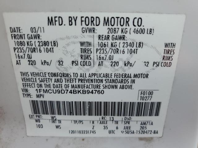Photo 14 from auction – 2011 FORD ESCAPE XLT with VIN 1FMCU9D74BKB94760