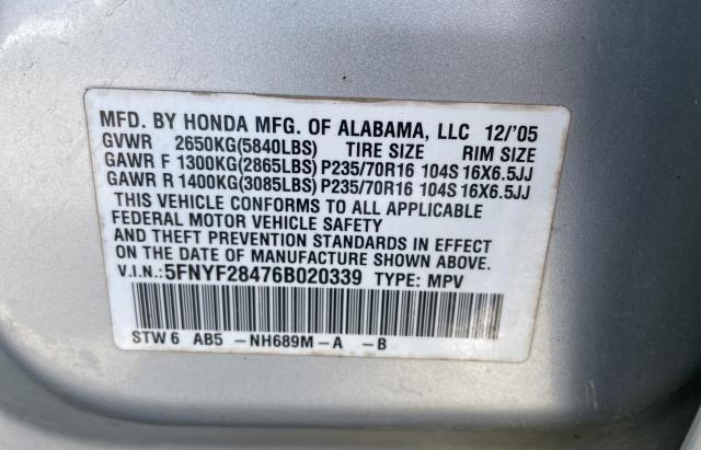 Photo 10 from auction – 2006 HONDA PILOT EX with VIN 5FNYF28476B020339