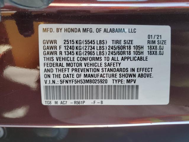 Photo 14 from auction – 2021 HONDA PILOT EXL with VIN 5FNYF5H53MB025920
