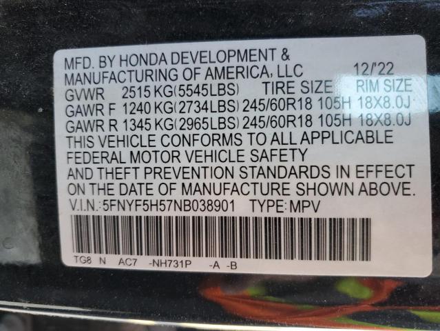 Photo 14 from auction – 2022 HONDA PILOT EXL with VIN 5FNYF5H57NB038901