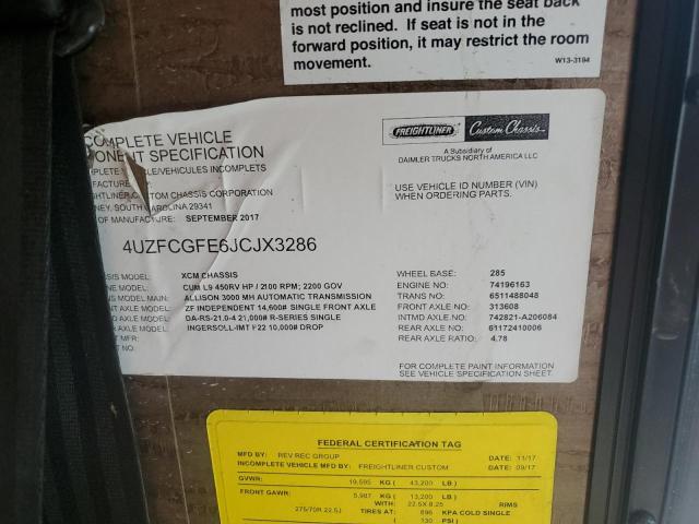 Photo 10 from auction – 2018 FREIGHTLINER CHASSIS XC with VIN 4UZFCGFE6JCJX3286