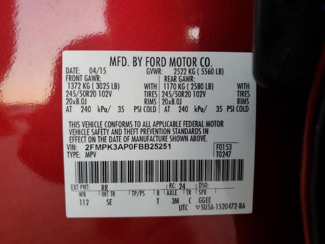 Photo 14 from auction – 2015 FORD EDGE SPORT with VIN 2FMPK3AP0FBB25251