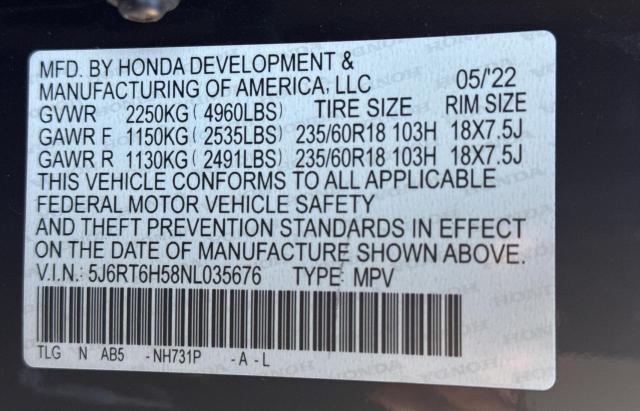 Photo 10 from auction – 2022 HONDA CR-V EX with VIN 5J6RT6H58NL035676