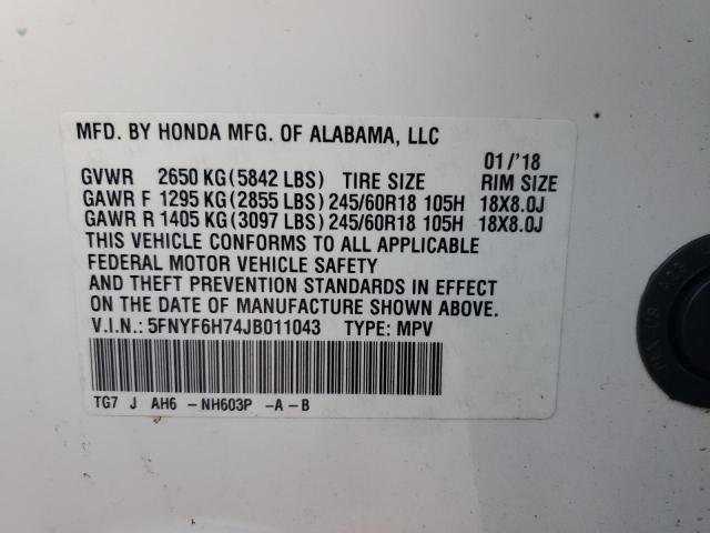 Photo 14 from auction – 2018 HONDA PILOT EXLN with VIN 5FNYF6H74JB011043