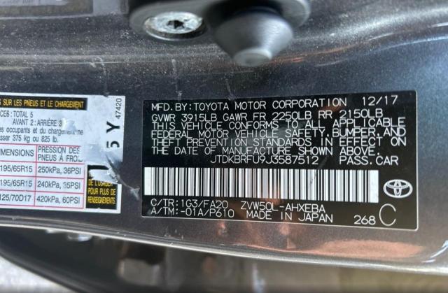 Photo 10 from auction – 2018 TOYOTA PRIUS with VIN JTDKBRFU9J3587512