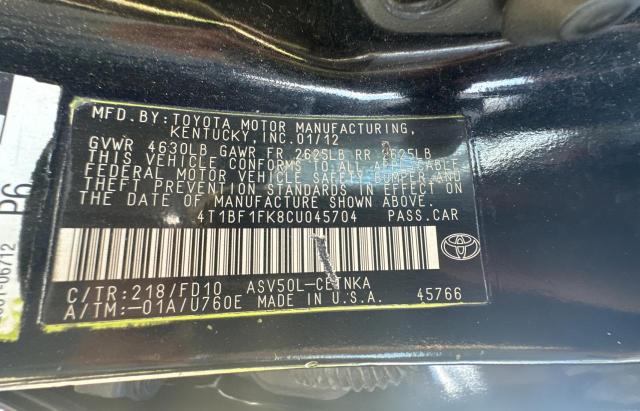 Photo 10 from auction – 2012 TOYOTA CAMRY BASE with VIN 4T1BF1FK8CU045704