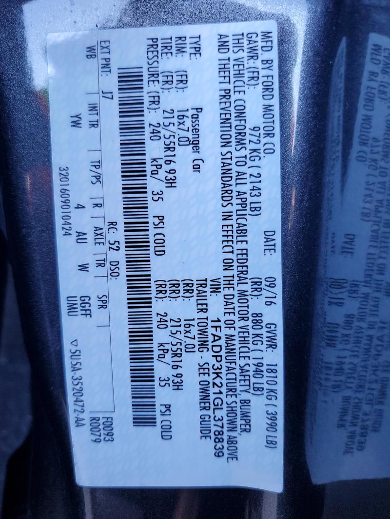 Photo 14 from auction – 2016 FORD FOCUS SE with VIN 1FADP3K21GL378839
