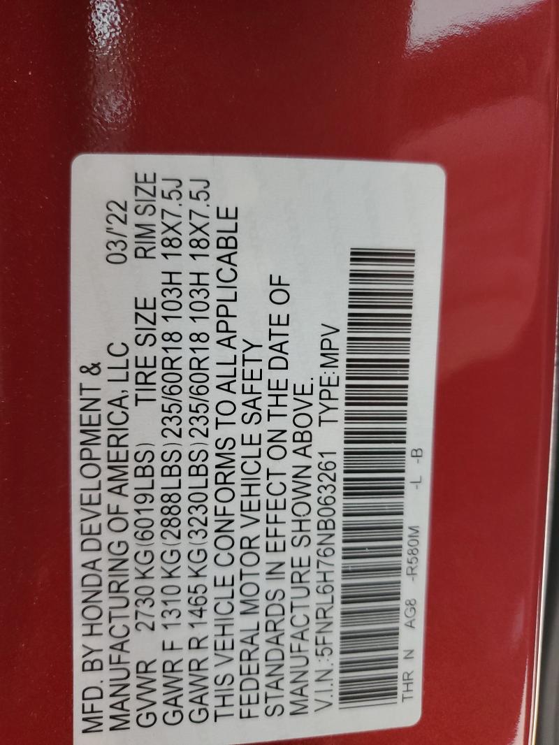 Photo 14 from auction – 2022 HONDA ODYSSEY EX with VIN 5FNRL6H76NB063261