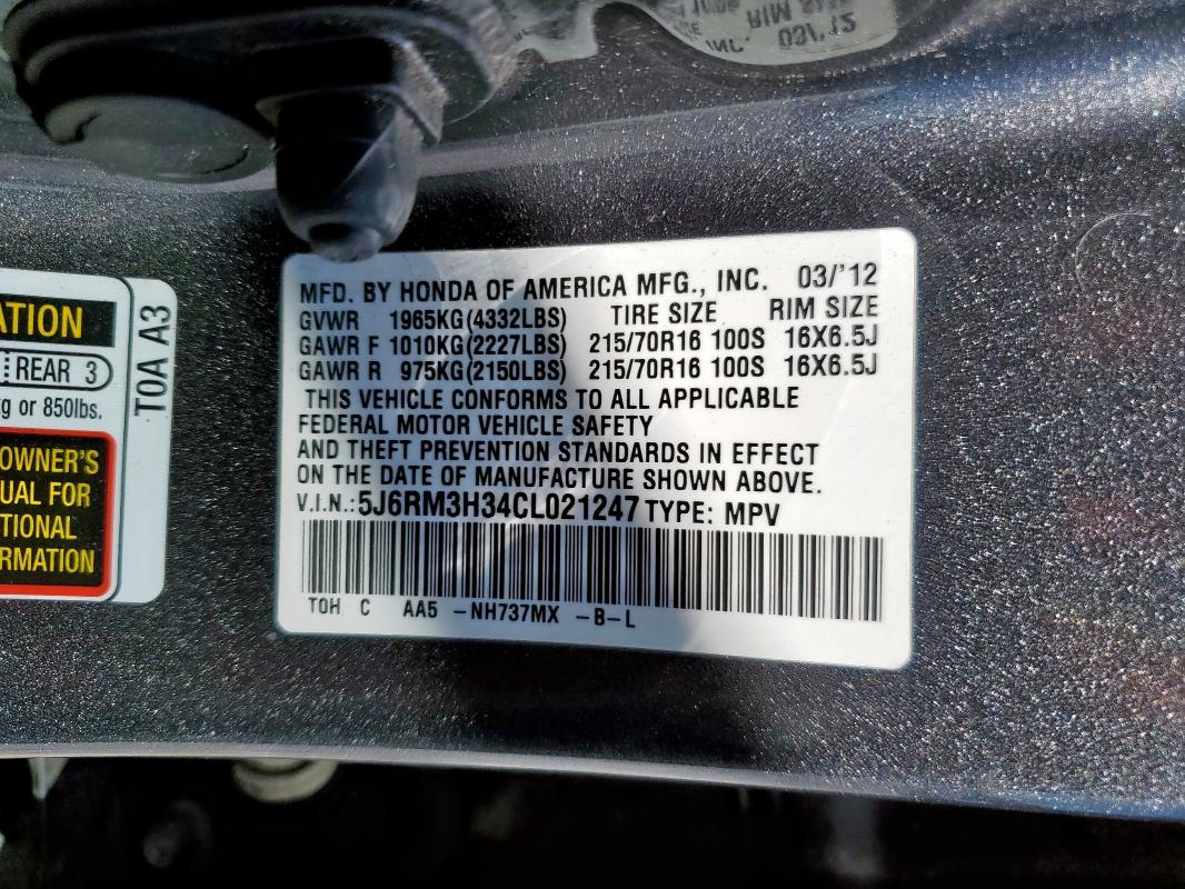 Photo 14 from auction – 2012 HONDA CR-V LX with VIN 5J6RM3H34CL021247