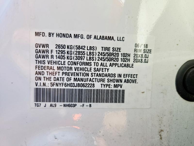 Photo 14 from auction – 2018 HONDA PILOT ELIT with VIN 5FNYF6H03JB062228