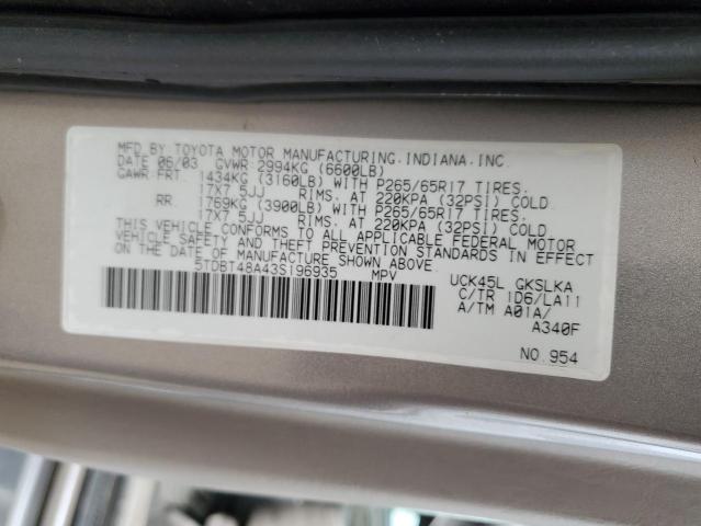 Photo 14 from auction – 2003 TOYOTA SEQUOIA LI with VIN 5TDBT48A43S196935