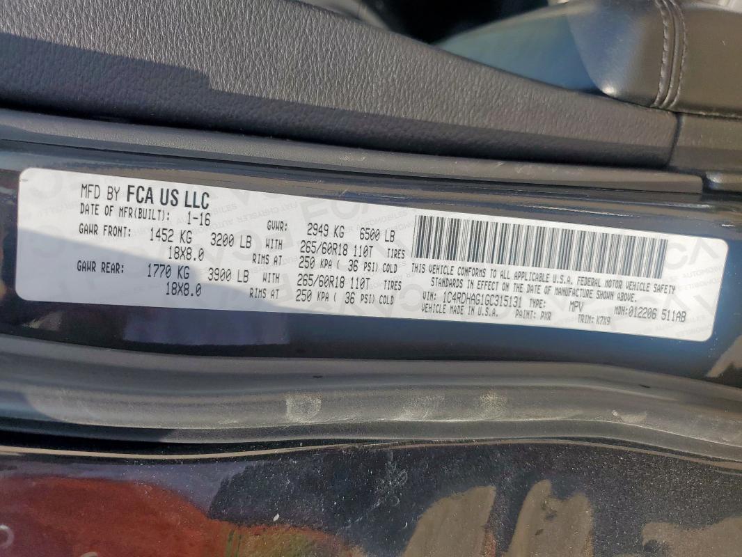 Photo 14 from auction – 2016 DODGE DURANGO SX with VIN 1C4RDHAG1GC315131