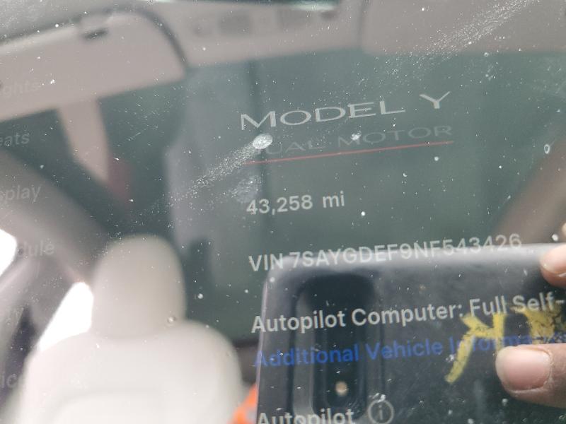 Photo 9 from auction – 2022 TESLA MODEL Y with VIN 7SAYGDEF9NF543426