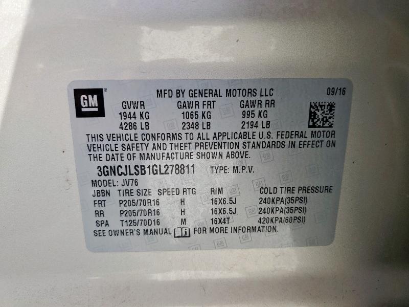 Photo 14 from auction – 2016 CHEVROLET TRAX 1LT with VIN 3GNCJLSB1GL278811