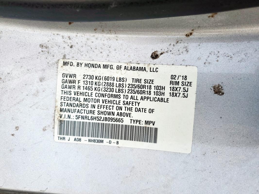 Photo 14 from auction – 2018 HONDA ODYSSEY EX with VIN 5FNRL6H52JB095665