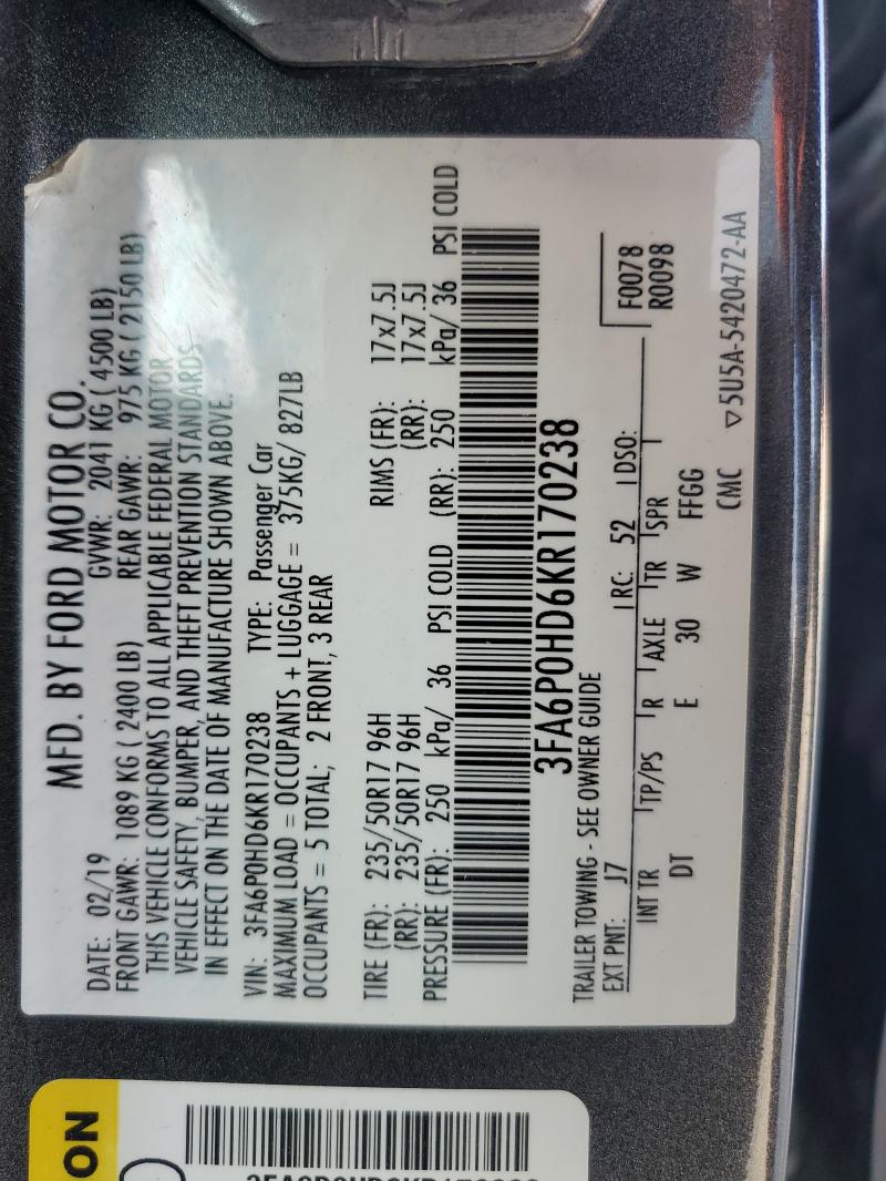 Photo 14 from auction – 2019 FORD FUSION SE with VIN 3FA6P0HD6KR170238