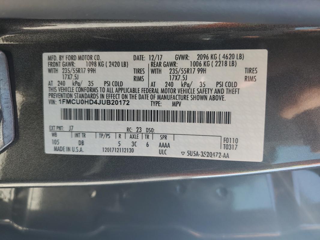 Photo 14 from auction – 2018 FORD ESCAPE SEL with VIN 1FMCU0HD4JUB20172