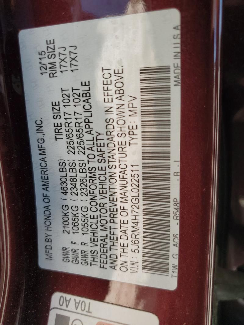 Photo 14 from auction – 2016 HONDA CR-V EXL with VIN 5J6RM4H72GL022511