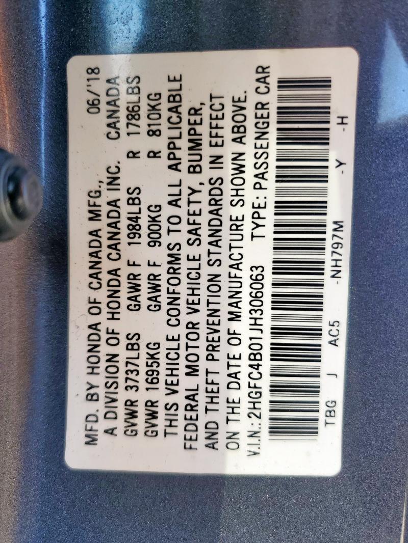 Photo 14 from auction – 2018 HONDA CIVIC LX with VIN 2HGFC4B01JH306063