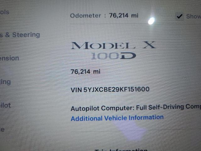 Photo 9 from auction – 2019 TESLA MODEL X with VIN 5YJXCBE29KF151600
