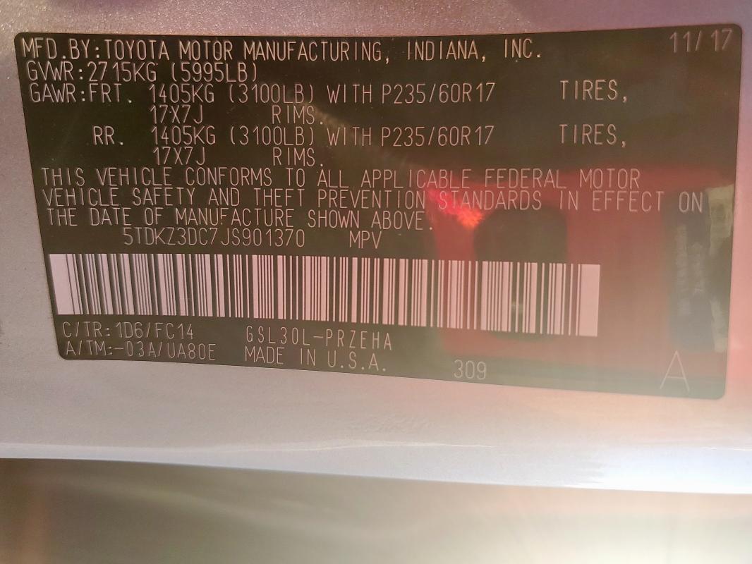 Photo 14 from auction – 2018 TOYOTA SIENNA LE with VIN 5TDKZ3DC7JS901370