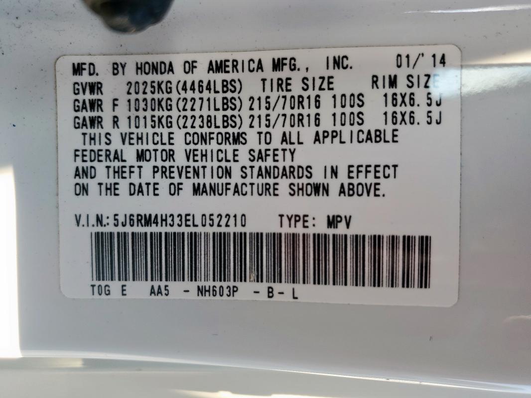 Photo 14 from auction – 2014 HONDA CR-V LX with VIN 5J6RM4H33EL052210