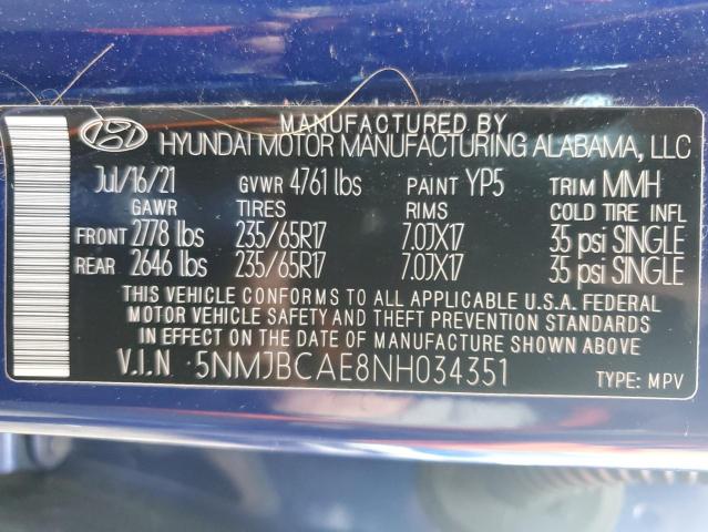 Photo 14 from auction – 2022 HYUNDAI TUCSON SEL with VIN 5NMJBCAE8NH034351