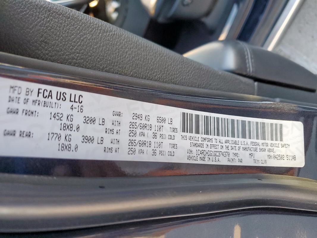 Photo 14 from auction – 2016 DODGE DURANGO LI with VIN 1C4RDHDG1GC374370
