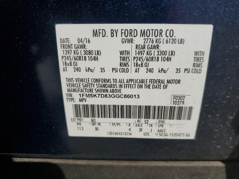 Photo 14 from auction – 2016 FORD EXPLORER X with VIN 1FM5K7D83GGC86013