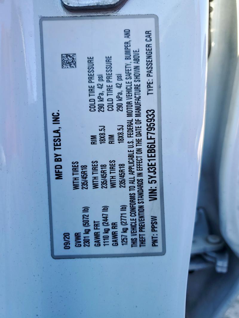 Photo 14 from auction – 2020 TESLA MODEL 3 with VIN 5YJ3E1EB6LF795933