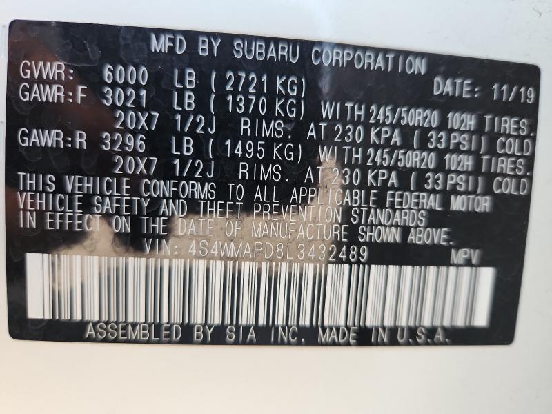 Photo 14 from auction – 2020 SUBARU ASCENT LIM with VIN 4S4WMAPD8L3432489