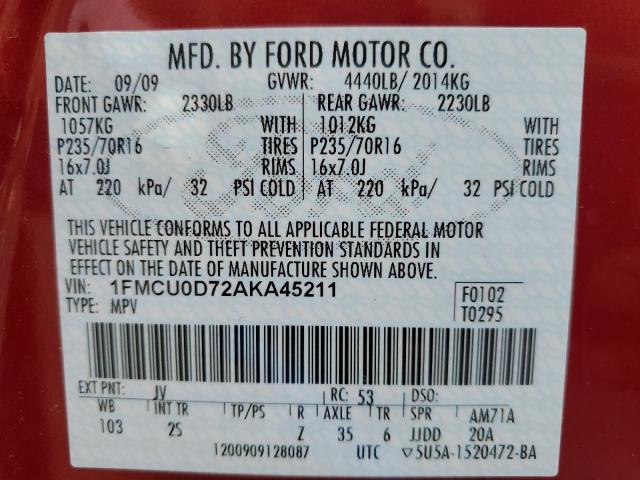Photo 14 from auction – 2010 FORD ESCAPE XLT with VIN 1FMCU0D72AKA45211