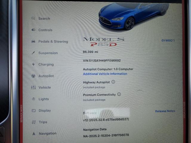 Photo 9 from auction – 2015 TESLA MODEL S P8 with VIN 5YJSA1H49FF096692