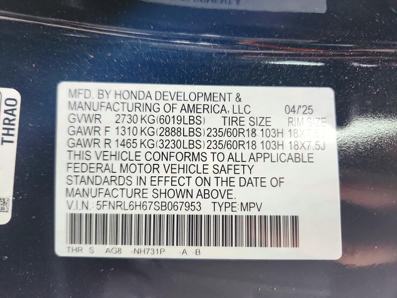 Снимка 14 от търг – 2025 HONDA ODYSSEY с VIN 5FNRL6H67SB067953
