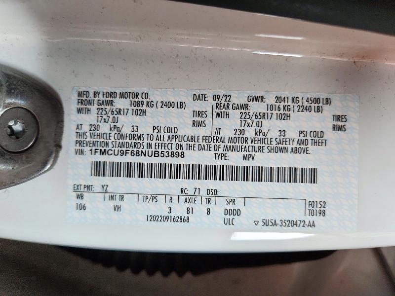 Снимка 14 от търг – 2022 FORD ESCAPE с VIN 1FMCU9F68NUB53898