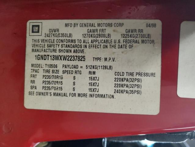Photo 14 from auction – 1998 CHEVROLET BLAZER with VIN 1GNDT13WXW2237825