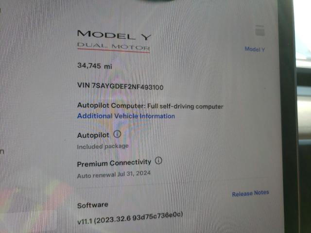 Photo 9 from auction – 2022 TESLA MODEL Y with VIN 7SAYGDEF2NF493100