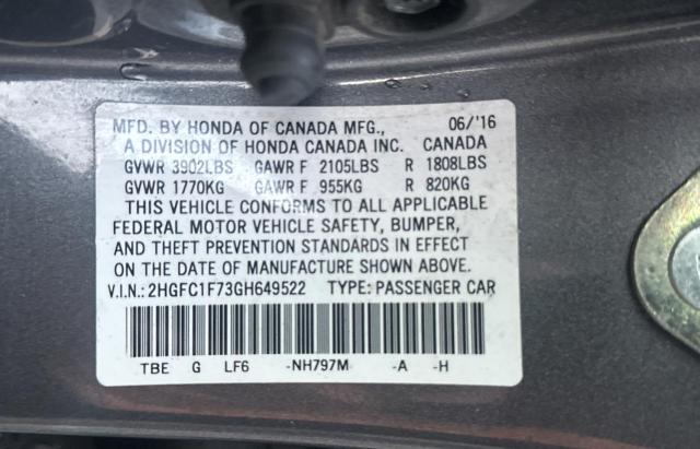 Photo 10 from auction – 2016 HONDA CIVIC EXL with VIN 2HGFC1F73GH649522