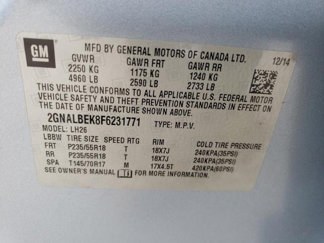 Photo 14 from auction – 2015 CHEVROLET EQUINOX LT with VIN 2GNALBEK8F6231771
