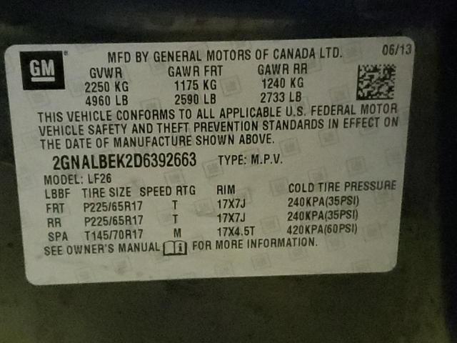 Photo 14 from auction – 2013 CHEVROLET EQUINOX with VIN 2GNALBEK2D6392663