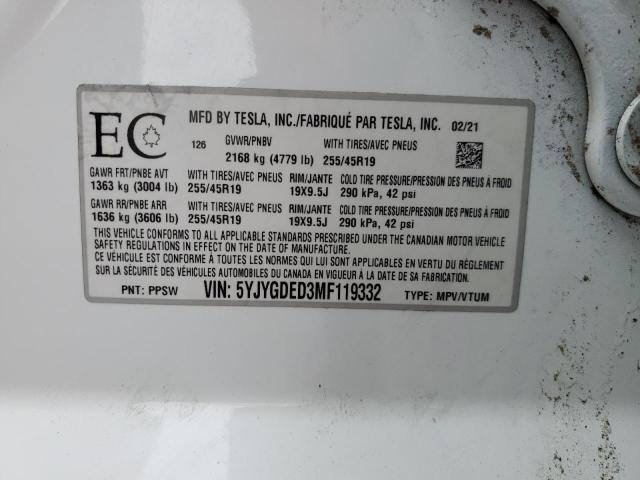 Photo 14 from auction – 2021 TESLA MODEL Y with VIN 5YJYGDED3MF119332