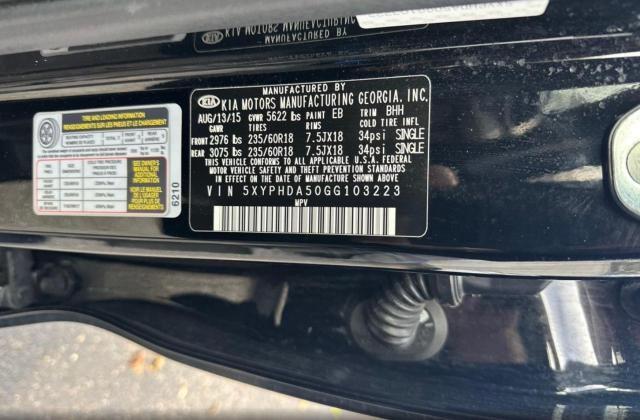 Photo 10 from auction – 2016 KIA SORENTO EX with VIN 5XYPHDA50GG103223