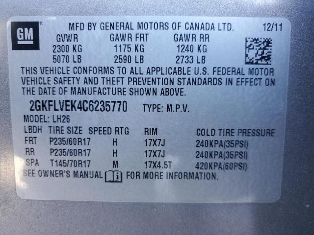 Photo 14 from auction – 2012 GMC TERRAIN SL with VIN 2GKFLVEK4C6235770