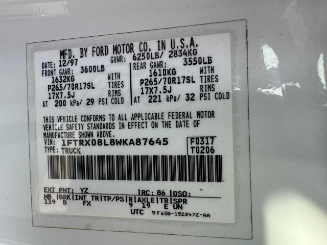 Photo 10 from auction – 1998 FORD F150 with VIN 1FTRX08L8WKA87645